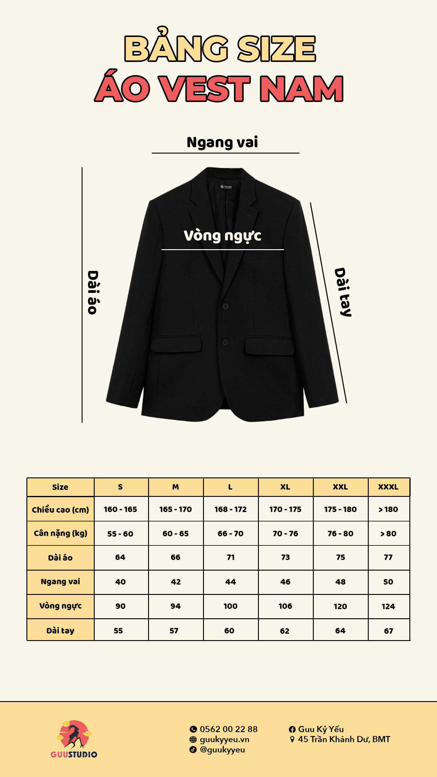 Bảng size áo vest - trang phục kỷ yếu BMT